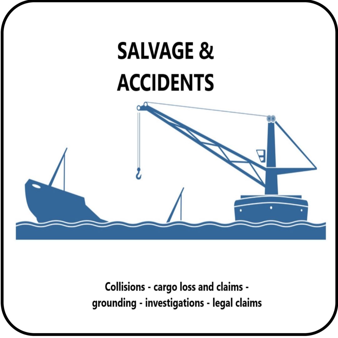 Salvage and accidents. Collisions, cargo loss and claims, grounding, investigations, legal claims.